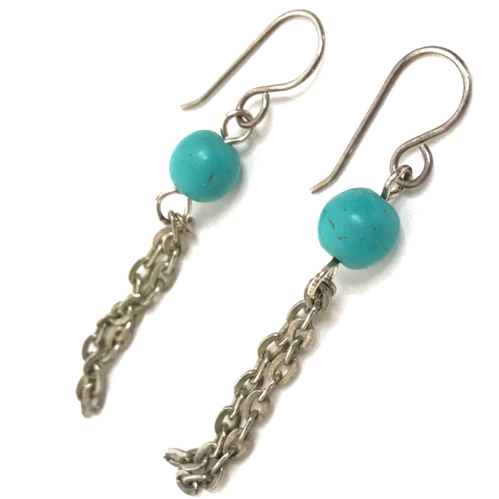 Turquoise Earrings Ball and Little Fringe Chains